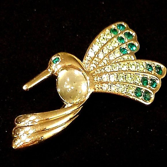 Vintage MONET Hummingbird In Flight Pin w/ Jelly Belly & Green Rhinestone Wings - Picture 2 of 7